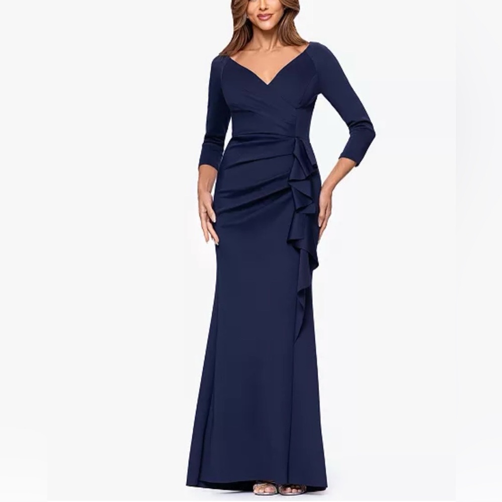 Xscape Navy Blue Long Sleeve Ruffled Maxi Dress